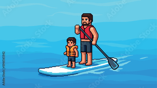 Father and child paddle boarding in pixel art style