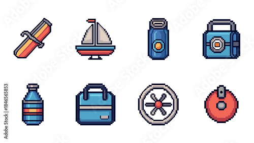 Pixel art icons set featuring sword, boat, camera, and retro gadgets