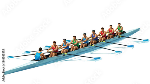 Competitive rowing team in action on calm water in vibrant geometric style