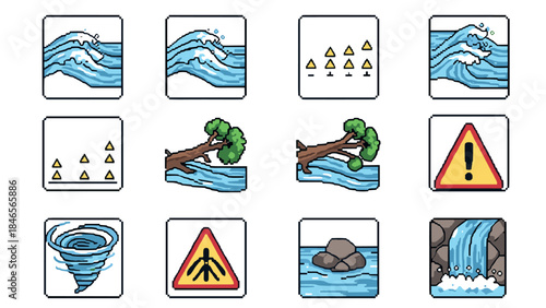 Pixel art water and safety icons set with waves, trees, and warning signs