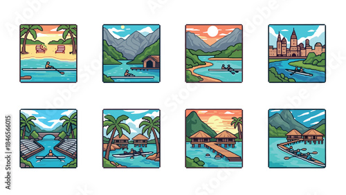 Scenic travel icons: beach, mountains, canoe adventures in vibrant colors