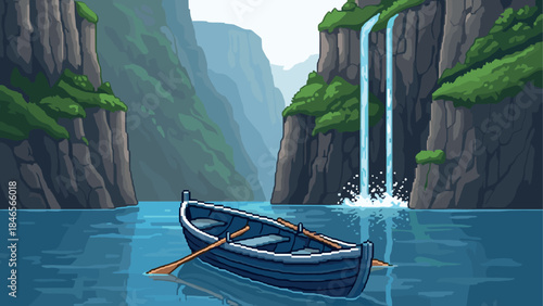 Serene mountain lake scene with rowboat and waterfall in pixel art style