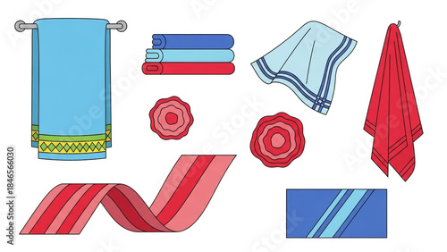 Vibrant collection of colorful bathroom and kitchen textiles displaying various folding and hanging styles for home decor