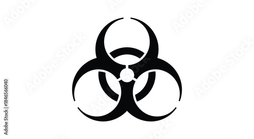 A striking black and white biohazard symbol illustration presented as a bold graphic silhouette