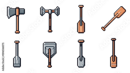 Pixel art axes and paddles collection in classic 8-bit style
