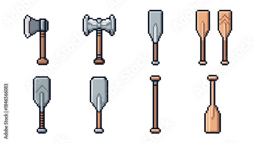 Pixel art axe and paddle collection for game design and digital art projects