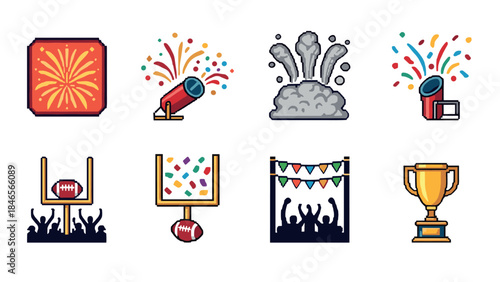 Colorful pixel art celebration icons: fireworks, party supplies, and sports trophy