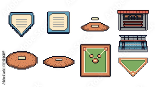Pixel art baseball field icons: bases, scoreboards, and stadium elements