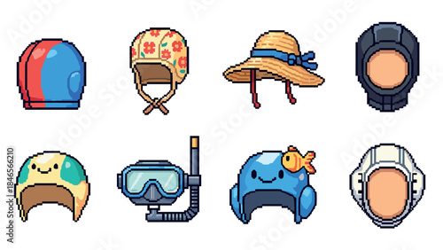 Colorful pixel art helmets and hats collection
