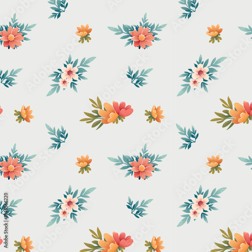 The floral pattern is depicted on a white background. Flowers of different colors and sizes are arranged in such a way that they create a sense of movement and depth. The scene is full of calmness