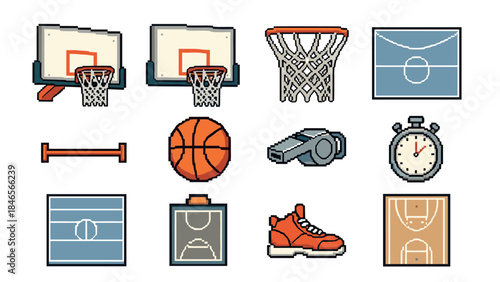 Retro pixel art basketball icons set featuring court, hoop, ball and gear