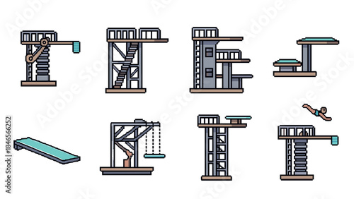 Retro diving platforms and jumping structures in pixel art style