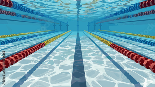 Underwater view of swimming pool lanes with colorful lane dividers in sunlit water