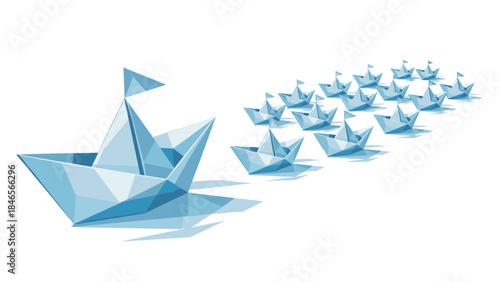Origami paper boats in formation with geometric style and gradient