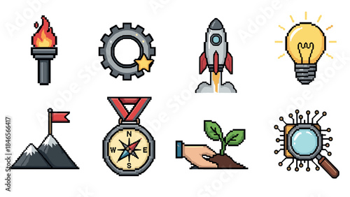 Retro pixel art icons featuring innovation, adventure, and growth symbols
