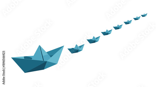 Origami paper boats in formation on white background