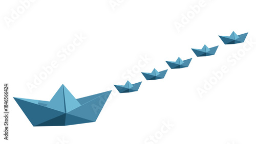 Origami paper boats in blue tones on white background