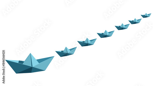 Geometric origami paper boats in gradient path on white background