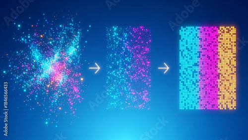Dynamic data processing visualization showing chaotic input transforming into structured digital information blocks