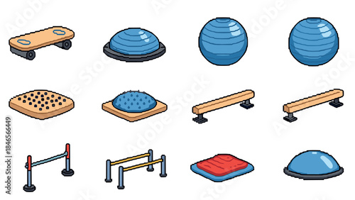 Pixel art gym equipment set for home workouts and fitness training