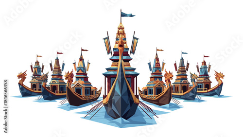 Colorful low poly pirate ships with dragon designs on white background