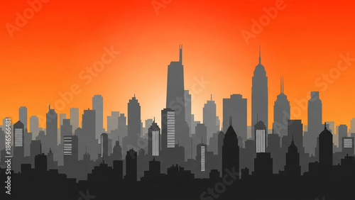 Stunning downtown skyline silhouette against a vibrant, fiery orange sunset creating dramatic urban energy