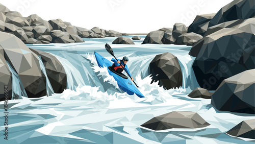 Geometric style kayaker navigating through rapids in a low poly river scene