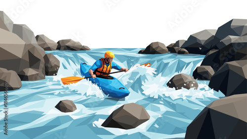 Low poly kayaker navigating rapids in rugged river landscape