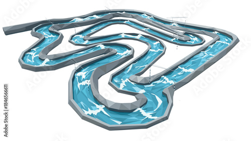 Low poly water park river with curved pathways and dynamic water flow