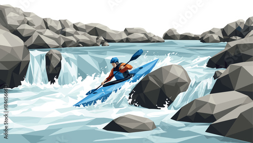 Geometric kayaking adventure in low poly rapids amid rocky terrain