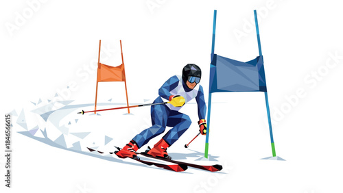 Dynamic geometric skiing scene with gates in modern low poly art style