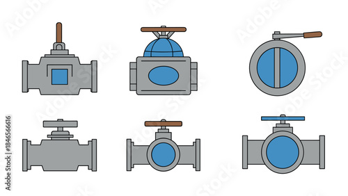 Industrial pipeline valve collection: flat design water and gas control icons