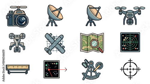 Stylized technology and exploration equipment icons for modern design