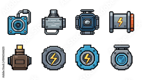 Collection of retro pixel art industrial icons with geometric details