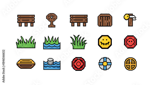 Pixel art nature and objects icons collection in bright colors
