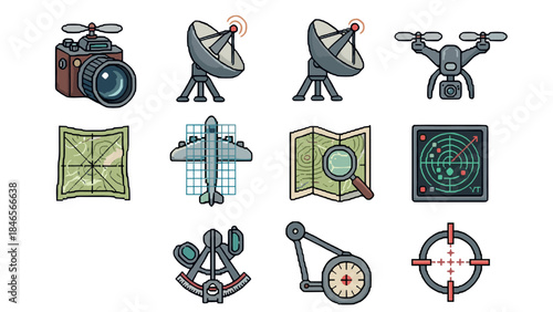 Modern surveillance and navigation equipment icons for technology and mapping