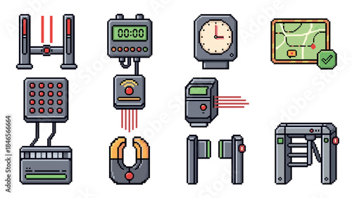 Pixel art security and access control icons with retro technology elements