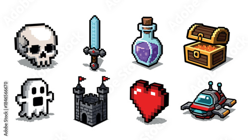 Retro pixel art icons: fantasy quest essentials including skull, sword, potion, and treasure