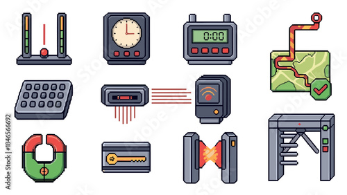Retro pixel security elements featuring timers, scanners, and turnstiles with a vintage map design