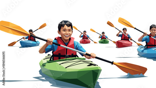 Low poly kayaking adventure with smiling people on white background