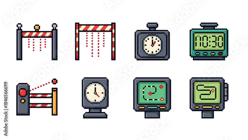 Retro pixel art icons of timers and sports barriers for game design