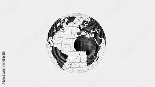 Black and white linear globe with grid pattern featuring continents