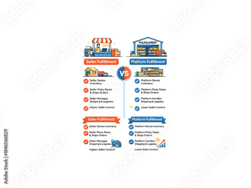 Seller fulfillment vs platform fulfillment comparison infographic, vector