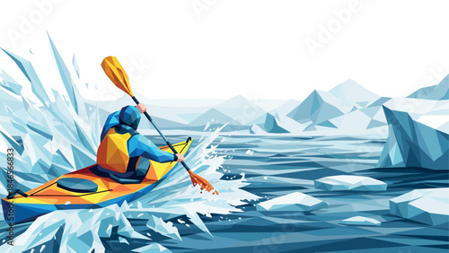 Low poly kayaker navigating icy waters in geometric arctic landscape