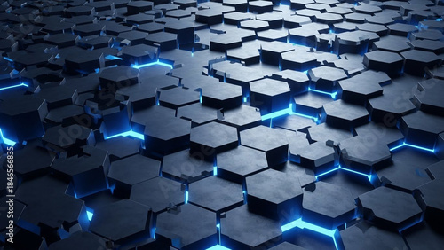 Stunning abstract dark hexagonal surface with vibrant glowing blue neon light accents creating a futuristic tech background