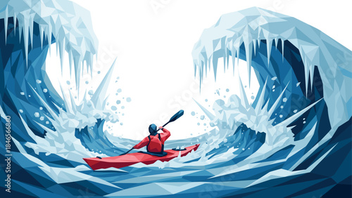 Adventurous kayaking in blue icy waves with dynamic low poly style design