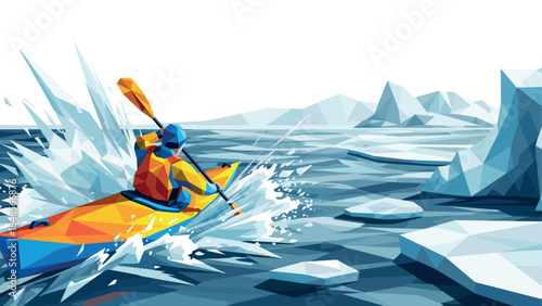 Low poly kayaker navigating icy waters in vibrant geometric art style