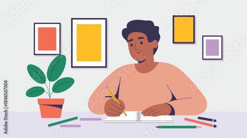 Smiling man writing in notebook at desk with colorful pencils