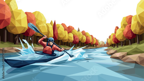 Low poly kayaker navigating autumn river with splashing water in geometric landscape