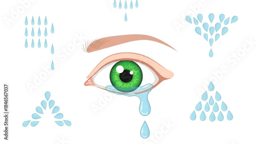 Stunning green eye shedding a single, large tear surrounded by symbolic water droplets illustrating intense emotion or relief